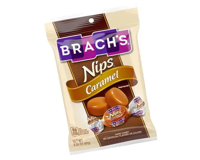 Brach's Nips Caramel Hard Candy 3.5 oz. Peg Bags- 12 / Case